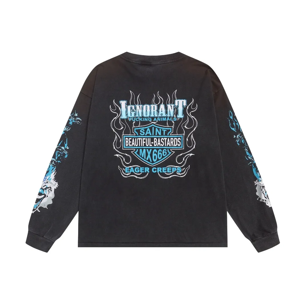 SAINT Michael heavy distressed washed retro flame dice printed loose round neck pullover long-sleeved T-shirt Fabric: 260g Style number: SM662 Size: S-M-L-XL Color: washed black Price: P156